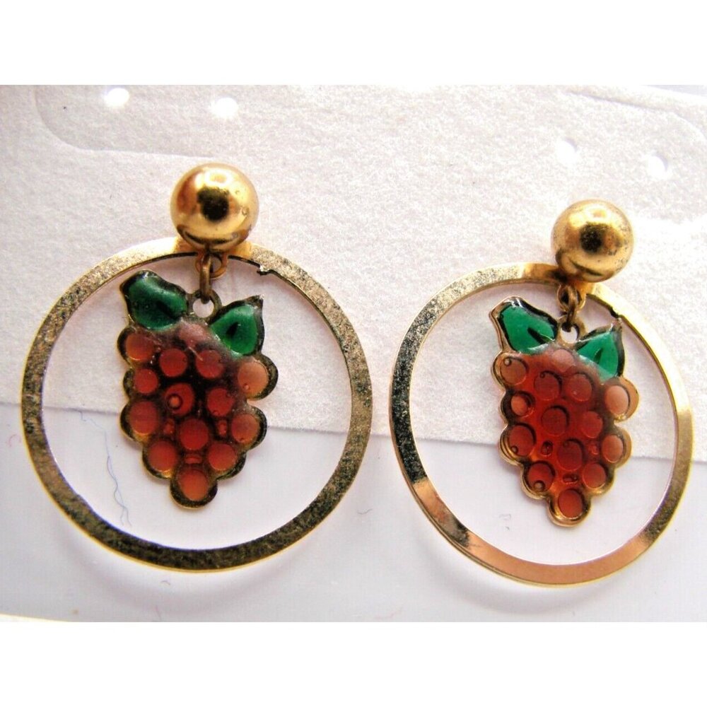 Grape Cluster Enamel Delicate Earrings Gold Tone Thin Round Drop Dangle Fashion
